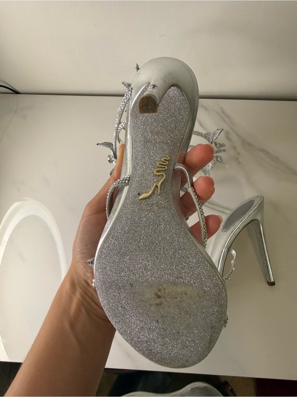 René Caovilla Cleo Star Silver Crystal Spiral Heels Sandals - Picture 8 of 13